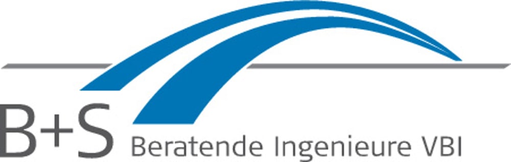 Logo mit den Buchstaben "B+S" und dem Text "Beratende Ingenieure VBI" unter einem blauen, geschwungenen Bogen.
