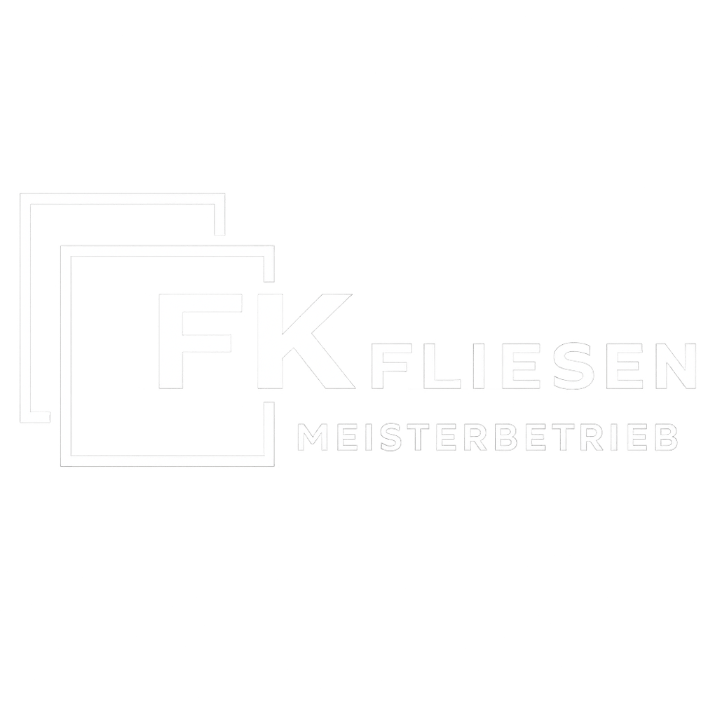 FK Fliesen Meisterbetrieb Logo mit zwei überlappenden Quadraten und weißer Schrift auf dunkelgrünem Hintergrund.