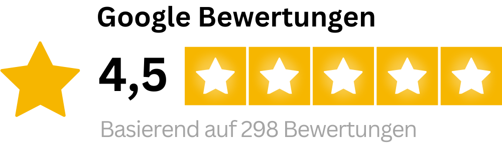 Google Bewertungen: 4,5 Sterne basierend auf 298 Bewertungen, mit vier vollen und einer halben Sternbewertung.