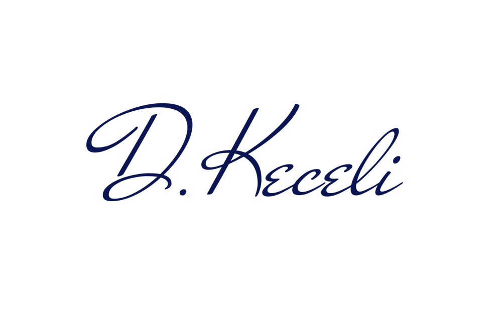 Dunkelgrüner Hintergrund mit dunkelblauem, kursivem Text "D. Keceli".