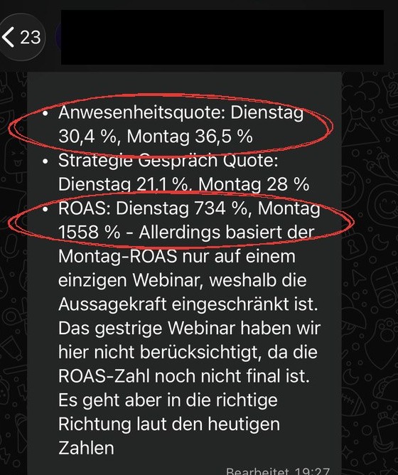 Team-Chat: Anwesenheitsquote und ROAS der Webinare