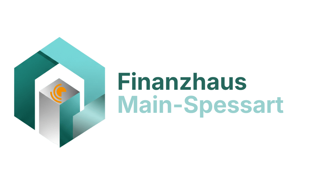 Logo Finanzhaus Main-Spessart: Türkises, sechseckiges Symbol, das einen stilisierten grauen Pfeiler umschließt.