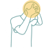 Person mit Händen vor dem Gesicht, mit gelbem Kreis um den Kopf.