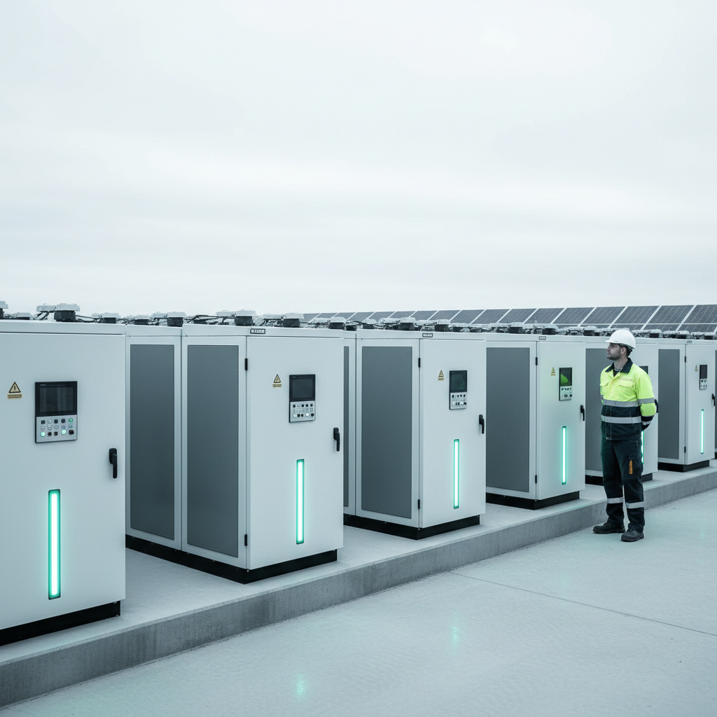 Photovoltaik-Freiflächenanlage mit integriertem Batteriespeicher im Vordergrund