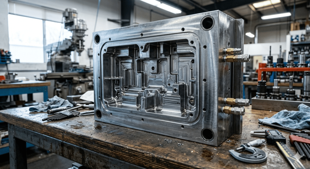 Metallisches Spritzgusswerkzeug auf einer Werkbank
