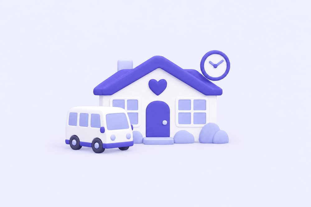 Illustration: Tagespflege-Haus mit Herz, Kleinbus davor und Uhr