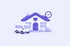 Illustration: Tagespflege-Haus mit Herz, Kleinbus davor und Uhr