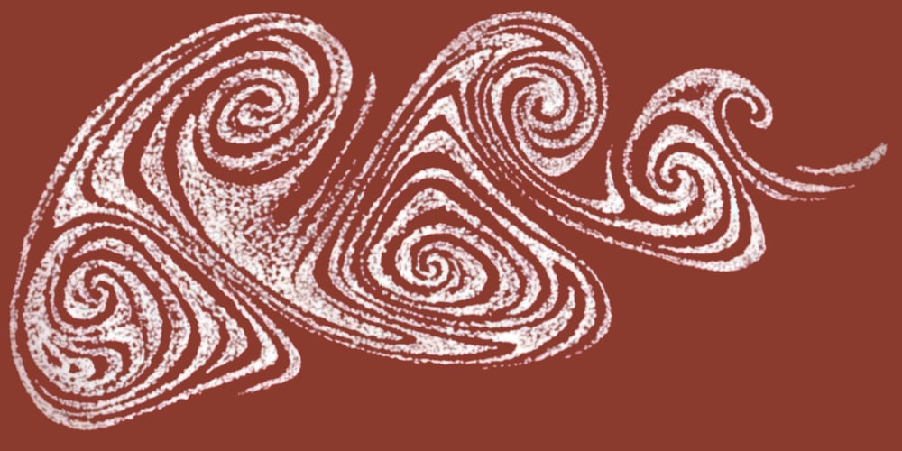 Abstrakte weiße Wirbelmuster auf einem braunroten Hintergrund.