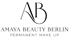 Amaya Beauty Berlin Logo mit stilisierten Buchstaben "AB" und Text "PERMANENT MAKE UP" auf grünem Hintergrund.