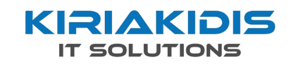 KIRIAKIDIS IT SOLUTIONS Logo mit blauem Obertext und grauem Untertext auf dunklem Hintergrund.