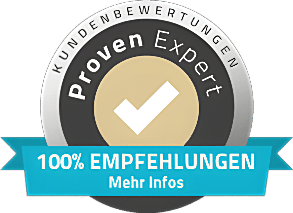 Proven Expert Siegel für Kundenbewertungen mit einem Häkchen und dem Text 100% Empfehlungen auf blauem Banner.