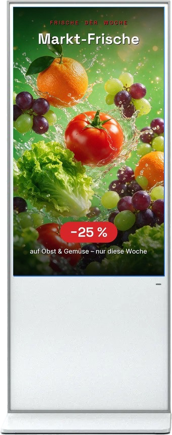 Freistehende weiße Touch-Stele mit Supermarkt-Frischewerbung