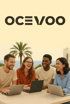 Das OCEVOO-Logo über vier lachenden Personen, die im Freien an Laptops arbeiten.