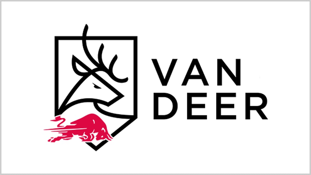 Schwarzes Reh-Logo auf Schild mit rotem Red Bull-Logo darunter; Text "VAN DEER" daneben.