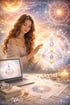 Frau mit Human Design-Diagramm, Laptop und Kristallen auf einem Schreibtisch unter einem leuchtenden Himmel.