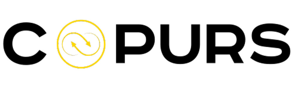 Schwarzer Text "COUPURS" auf dunkelgrünem Hintergrund, wobei das "O" ein gelbes Kreissymbol mit zwei Pfeilen ist.