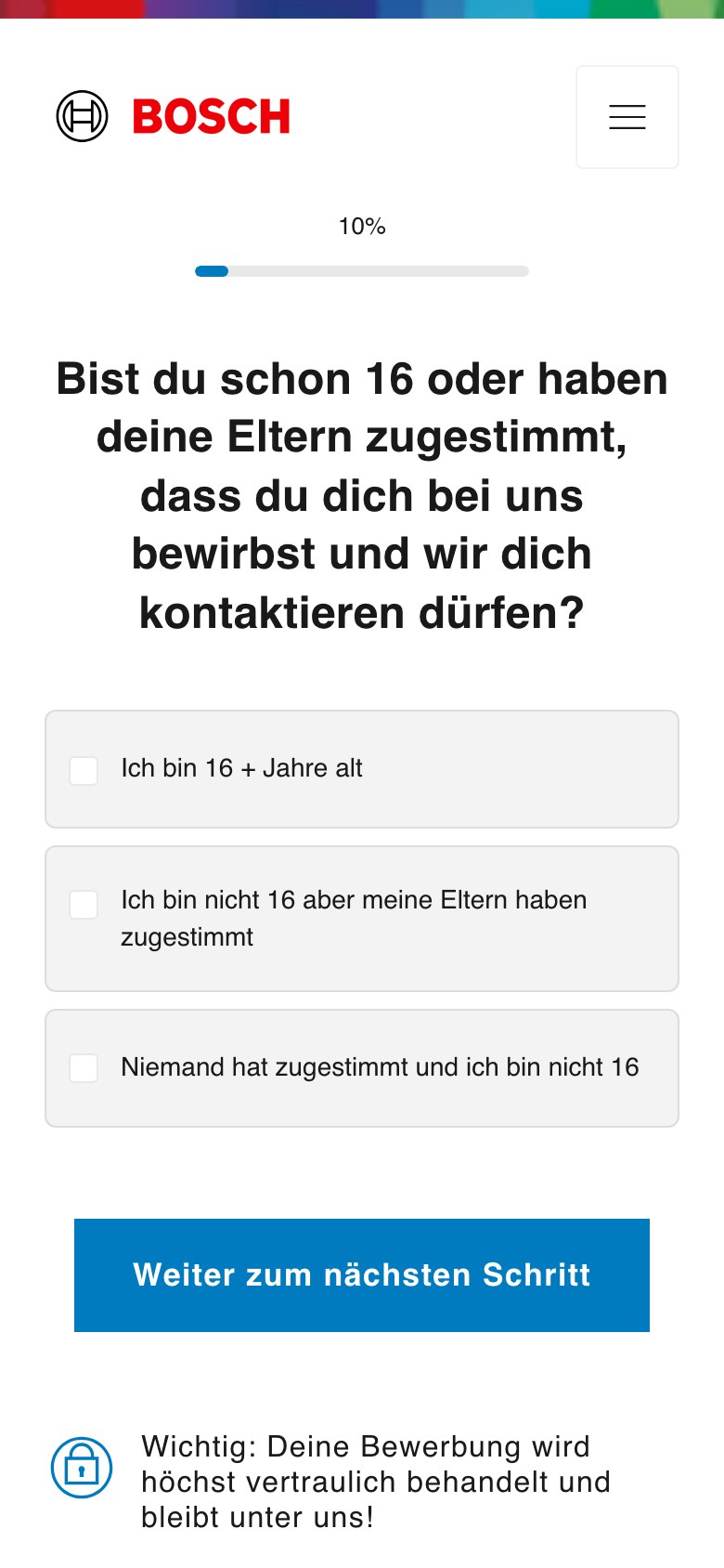 Bewerberseite und Fragefunnel der Bosch-Kampagne auf Smartphones