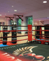 Ein Boxring mit schwarzen und roten Seilen, Sandsäcken, Boxhandschuhen und dem Schriftzug "YOUR LIMIT" auf dem Boden.