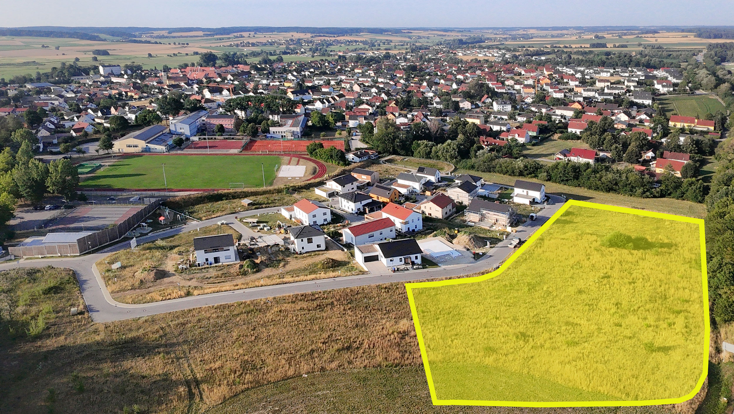 Luftbild: Neubaugebiet Huberbräukeller – 17 Bauplätze, voll erschlossen