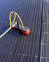 Eine Teleskopstange mit roter Bürste reinigt ein schwarzes Solarmodul, während ein anderes Modul verschmutzt ist.