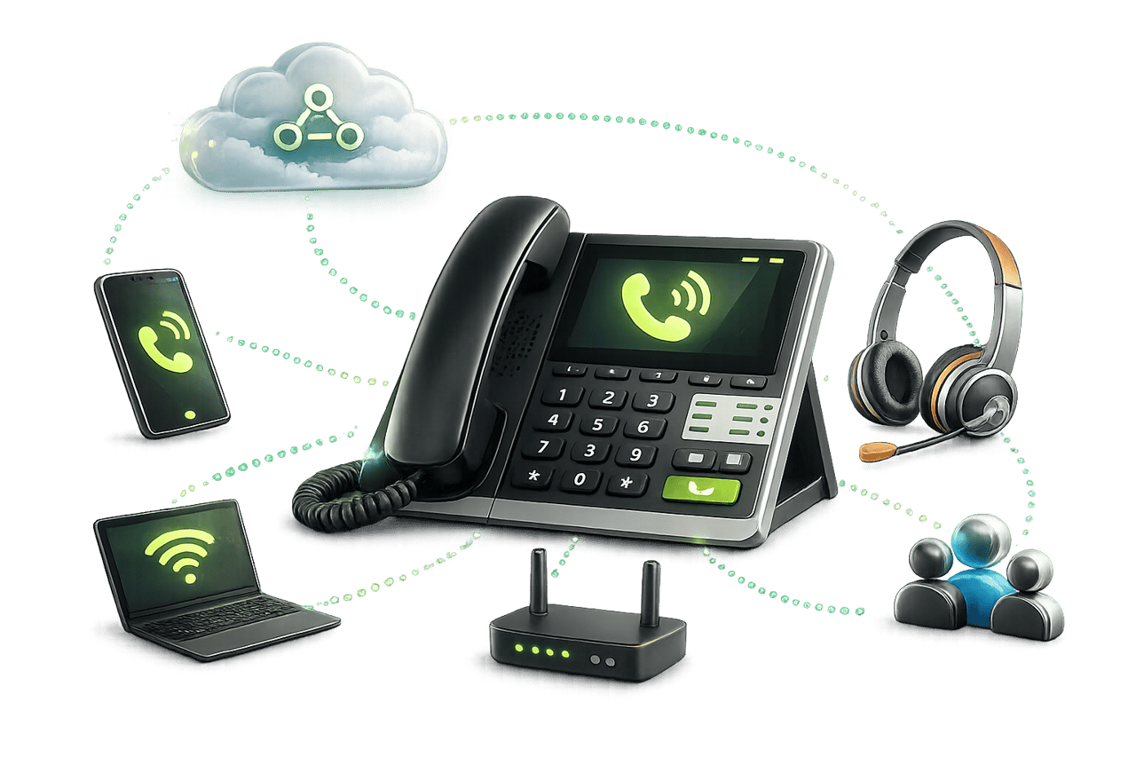 VoIP-Telefon vernetzt mit Cloud, Smartphone, Laptop, Router und Headset als Sinnbild für moderne Business-Telefonie