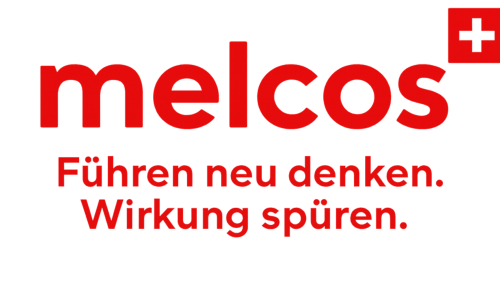 Rotes Melcos-Logo mit weißem Schweizer Kreuz in einem roten Quadrat über dem "o".