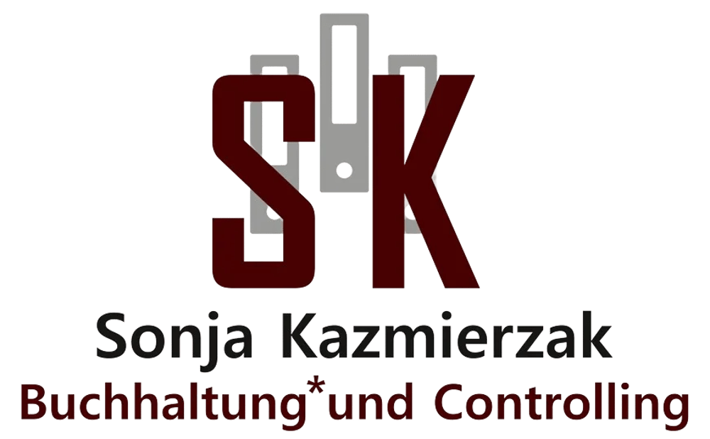 Logo von Sonja Kazmierczak Buchhaltung und Controlling: rote SK-Initialen vor einem grauen Diagramm, auf grünem Hintergrund.