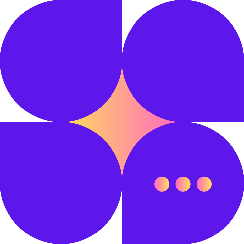 Four large purple circles surround a central orange diamond shape, with three small orange circles in the lower right.