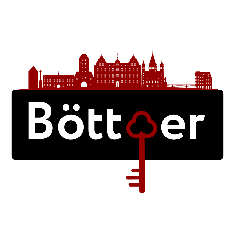 Böttcher Logo mit roter Skyline und rotem Schlüssel als "e".