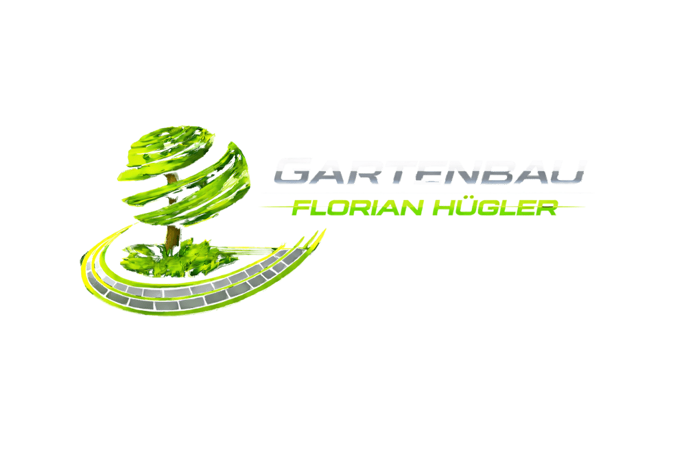 Logo mit Baum, Gras und geschwungener Straße, daneben Text "GARTENBAU FLORIAN HÜGLER".