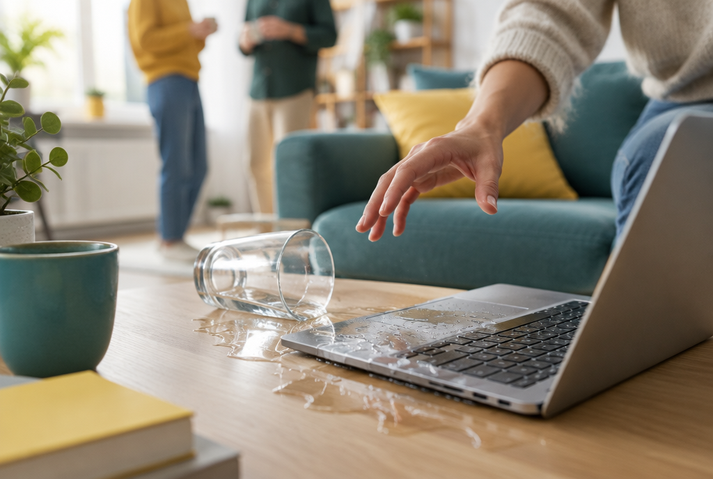 Umgekipptes Glas Wasser läuft bei Freunden über einen aufgeklappten Laptop