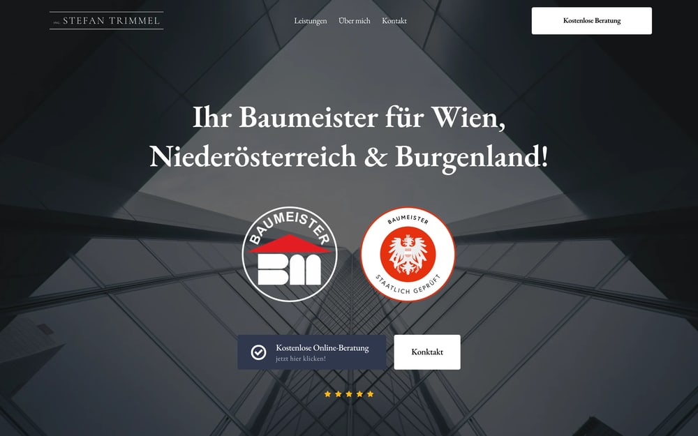 Startseite der Website von Ing. Baumeister Stefan Trimmel