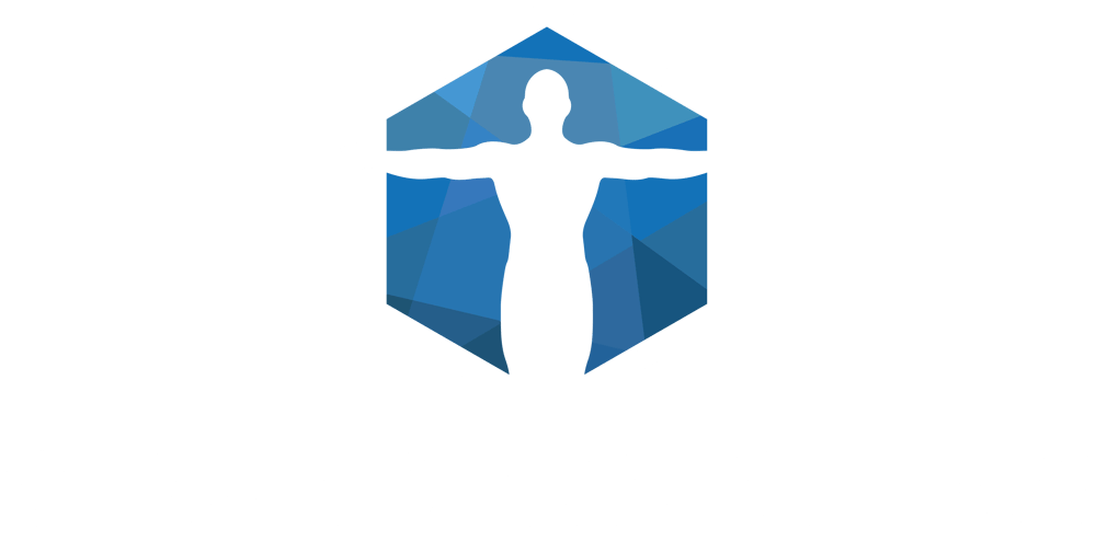 Logo mit menschlicher Silhouette vor blauem, polygonalem Sechseck und Schriftzug "GESUNDESBUSINESS".