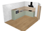 Moderne Eckküche in Salbeigrün mit Holz-Arbeitsplatte, Backofen, Spüle, Induktionskochfeld und schwarzer Dunstabzugshaube.