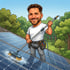 Mann mit Bart reinigt Solarmodule auf einem Dach mit einer Bürste und Schlauch.