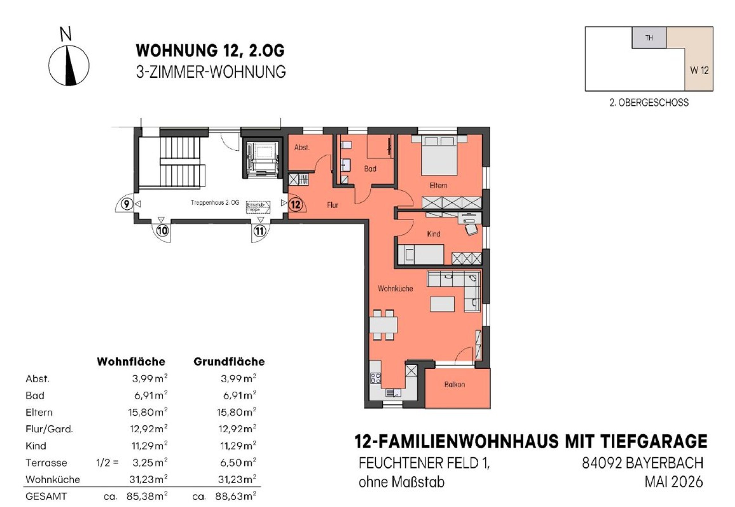 Grundriss Wohnung Nr. 12, 3-Zimmer-Wohnung im 2. Obergeschoss