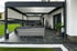 Moderne schwarze Pergola mit Lamellendach über einer Terrasse mit Lounge-Möbeln und Steinboden.