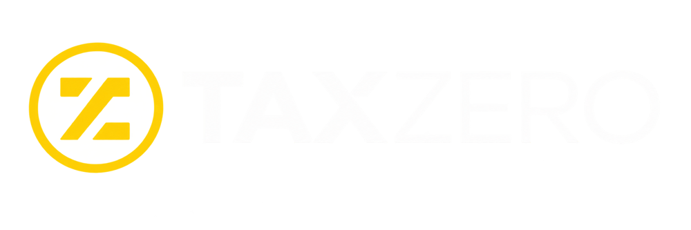 TaxZero Logo mit einem gelben Z-Symbol in einem Kreis und weißem Schriftzug auf schwarzem Hintergrund.