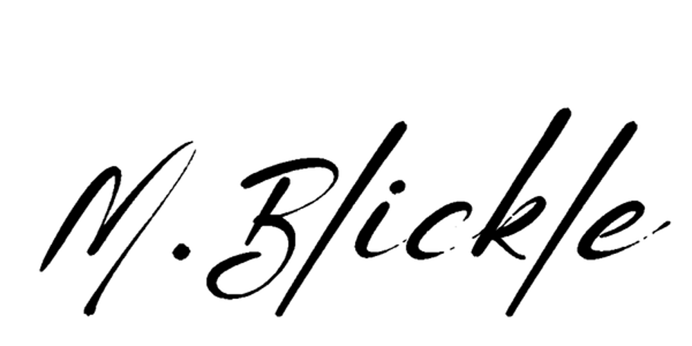 Schwarze Unterschrift "N. Blickle" auf dunkelgrünem Hintergrund.