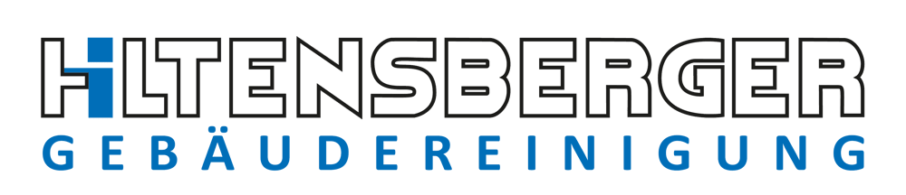 Schriftzug "HILTENSBERGER GEBÄUDEREINIGUNG" in Weiß und Blau auf dunkelgrünem Hintergrund.