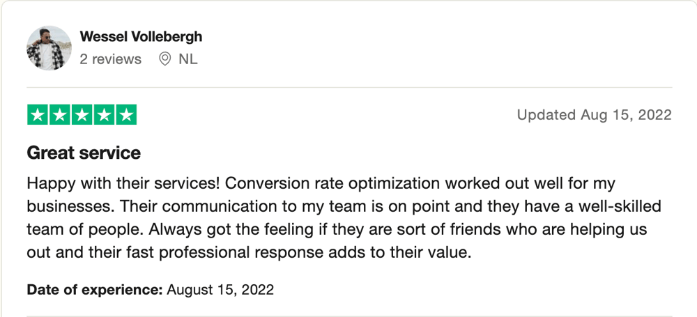 Trustpilot review by Wessel Vollebergh, five stars