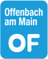 Blaues Quadrat mit weißem Text "Offenbach am Main OF".