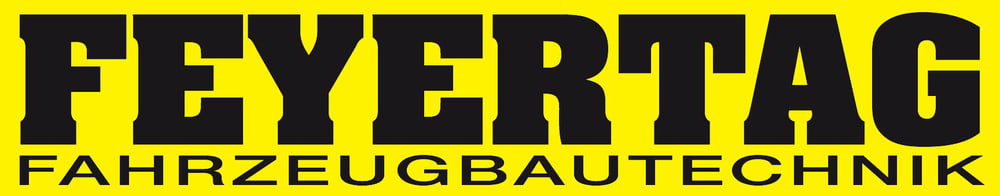 Logo von Feyertag Fahrzeugbautechnik in schwarzer Serifenschrift auf gelbem Hintergrund.