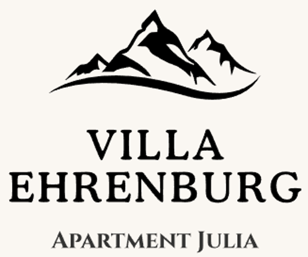 Schwarze Gebirgssilhouette über "VILLA EHRENBURG", darunter "APARTMENT JULIA" auf beigem Hintergrund.
