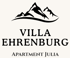 Schwarz-weißes Logo mit Bergen über dem Text "VILLA EHRENBURG APARTMENT JULIA".