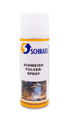 Schrass Schweiß-Pulver-Spray in einer weißen Sprühdose mit Logo und Abbildung von Schweißfunken vor schwarzem Hintergrund.