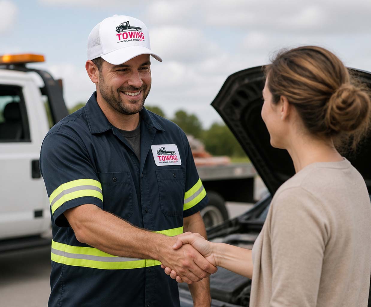 A professional tow truck driver shaking hands with a customer next to an open hood in DeLand, FL.