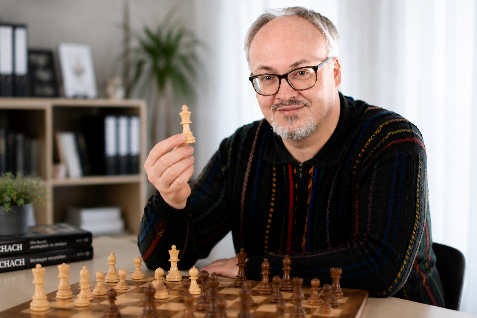 Dr. Mario Ziegler mit einer Schachfigur am Brett