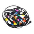 Tangled string of multi-colored LED patio lights with black wire and plug, including pink, blue, yellow, green, and orange bulbs.