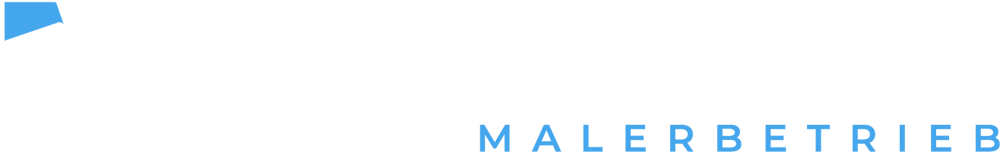 RHEINWEISS MALERBETRIEB Logo mit weißem Text und blauem Quadrat über dem "R" und blauem Text unten.